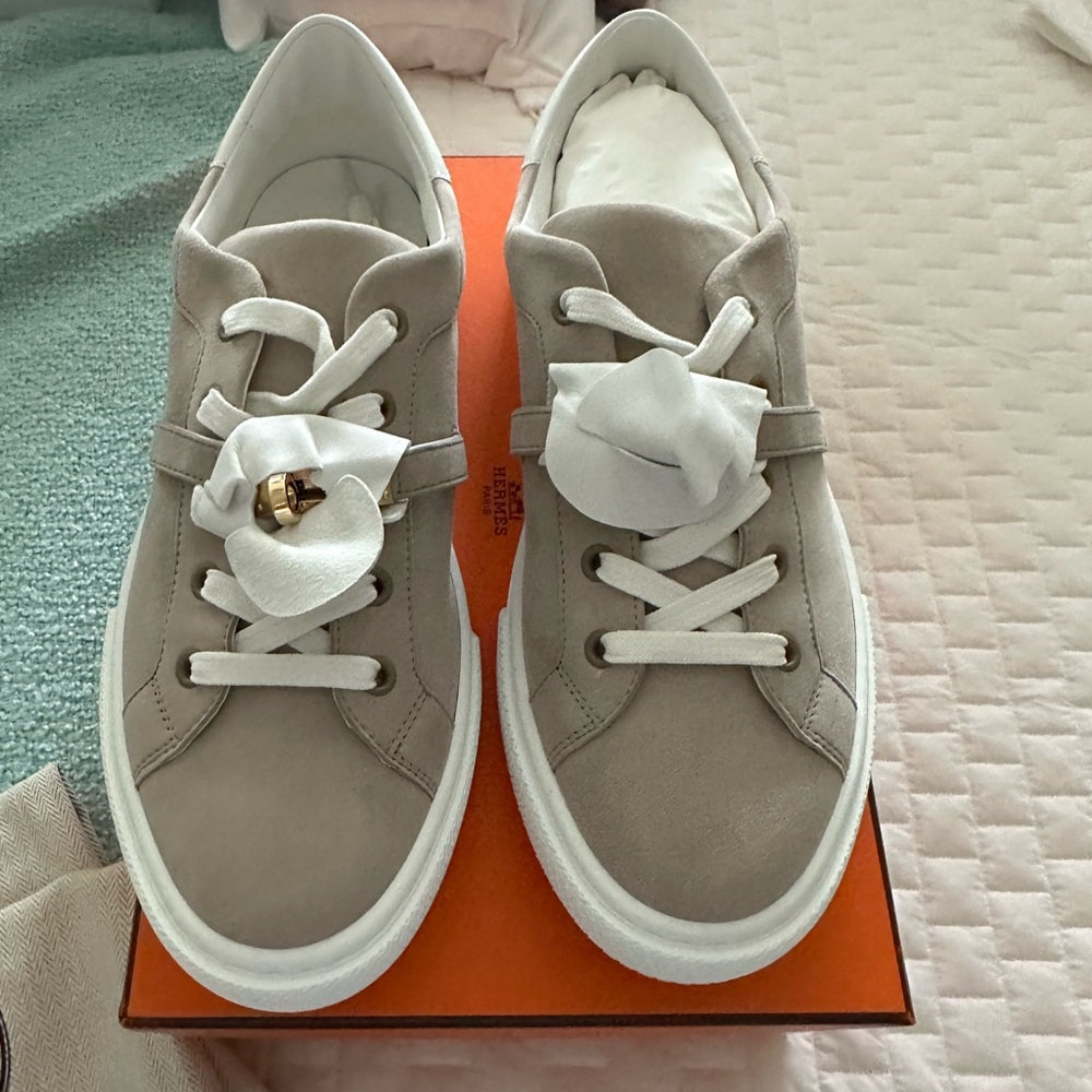 Hermes Taupe and White Sneakers